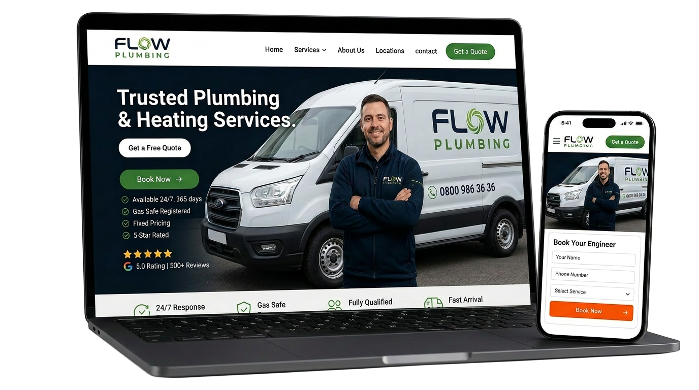Flow Plumbing website shown on a MacBook and iPhone — example of a North East Web Solutions build